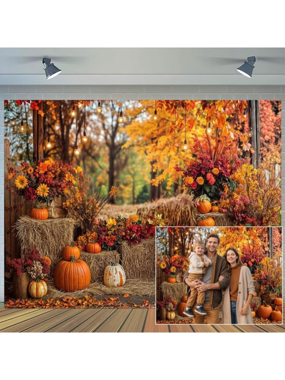 Autumn Pumpkin Haystack Backdrop 20x10ft - Fall Forest Maple Leaves Photo Booth